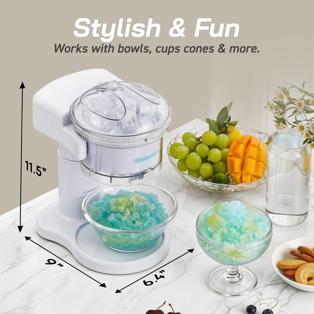 Elite Gourmet ESI1201 lid and bowl keep ice secure for mess-free serving.
