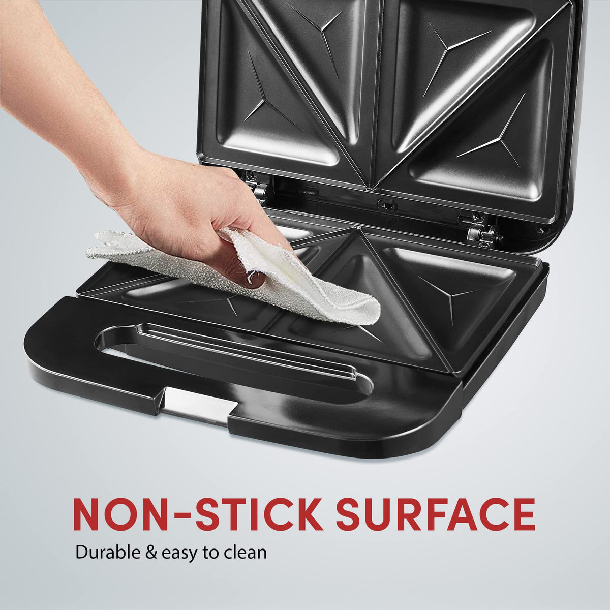 Elite Gourmet ESM2207XSS cool-touch handle for safe handling during cooking.