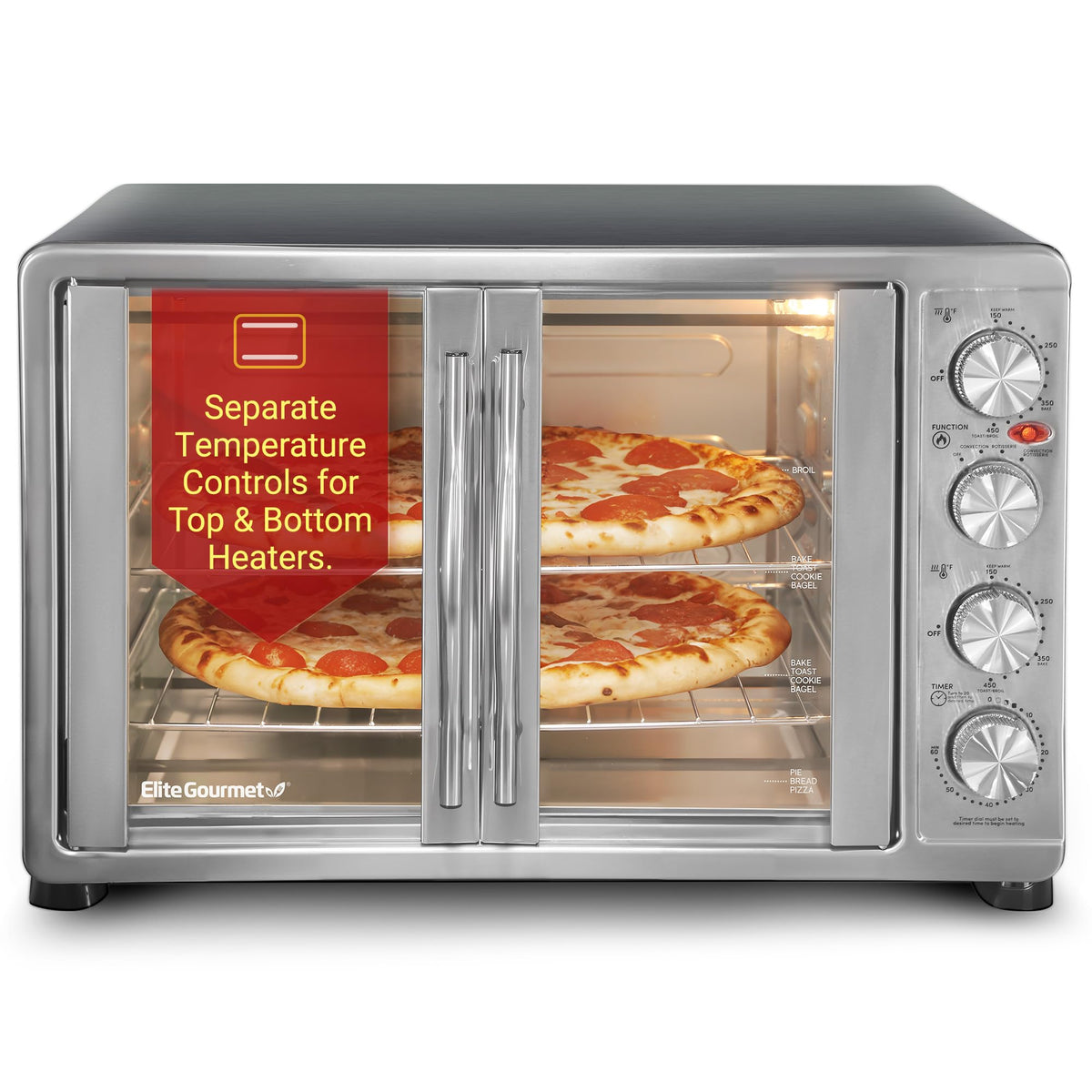 Elite Gourmet ETO-4510M front view with space-saving dual French doors
