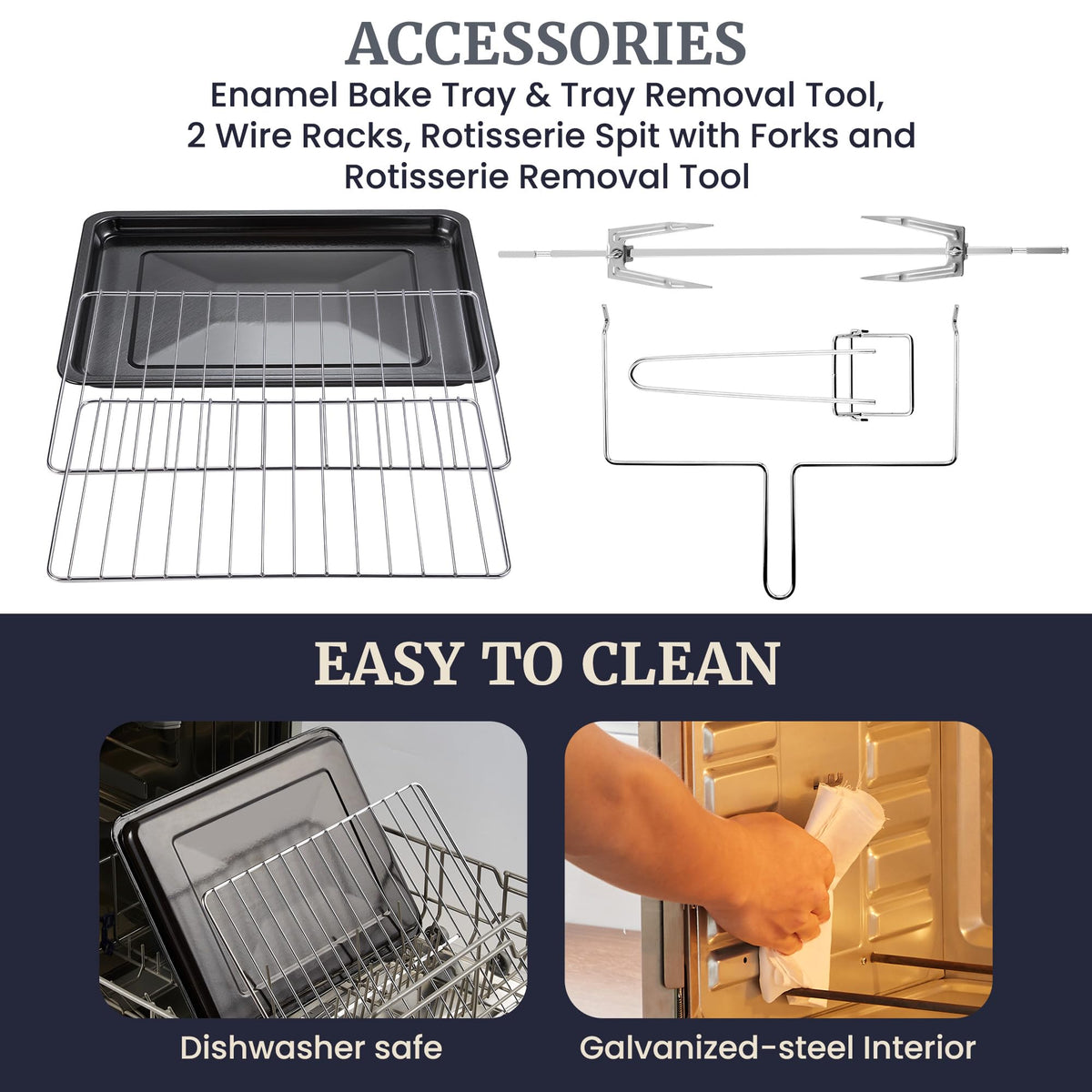 Elite Gourmet ETO-4510M includes two 12-inch pizza racks for pizzas