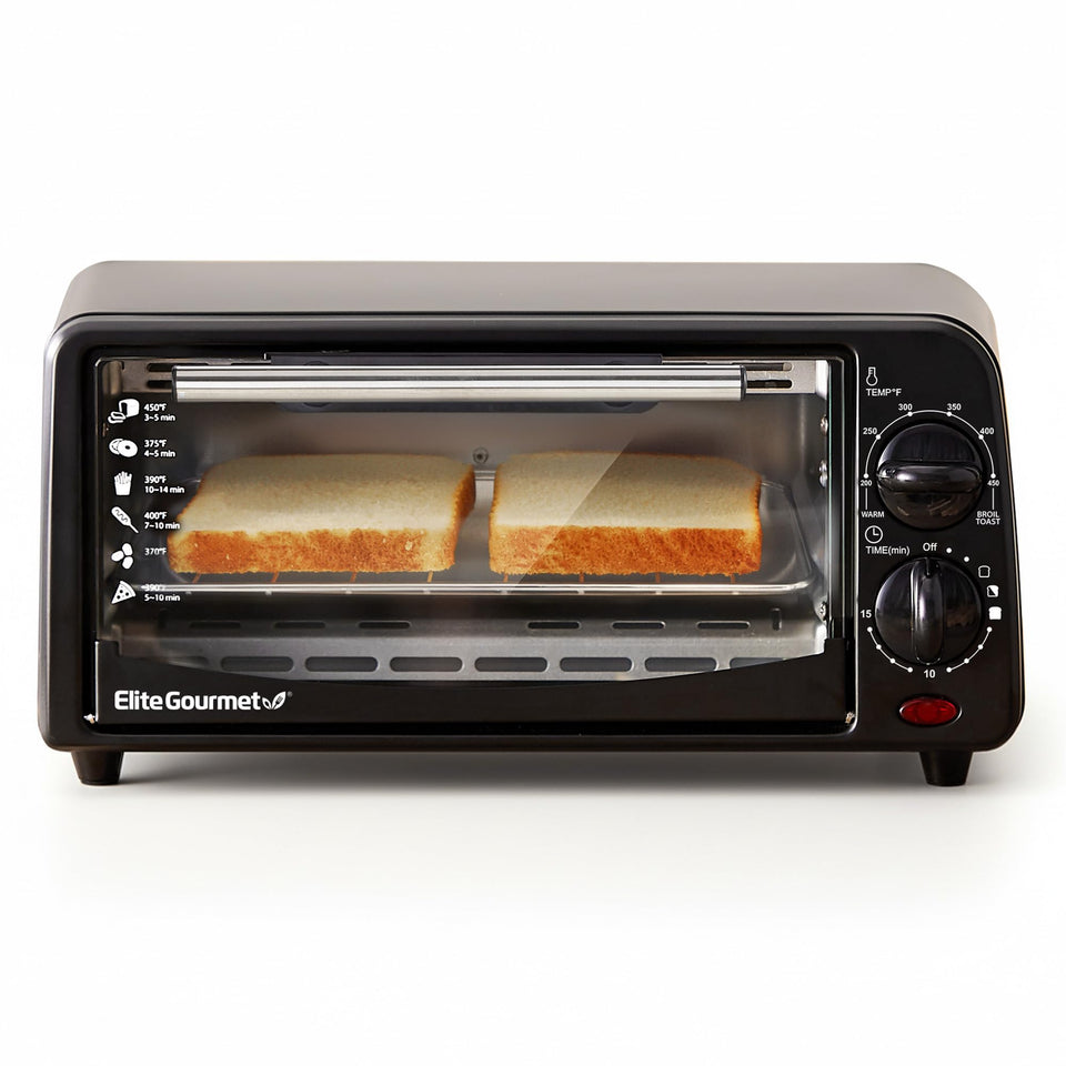 Elite Gourmet ETO236 compact toaster oven on a counter for space-saving cooking.
