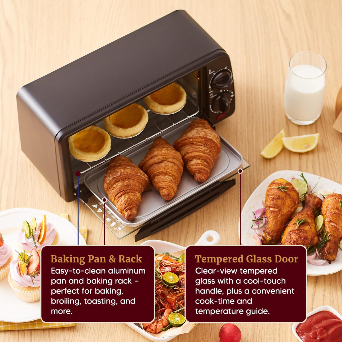 Elite Gourmet ETO236 showing non-stick pan and rack included for easy cleanup.