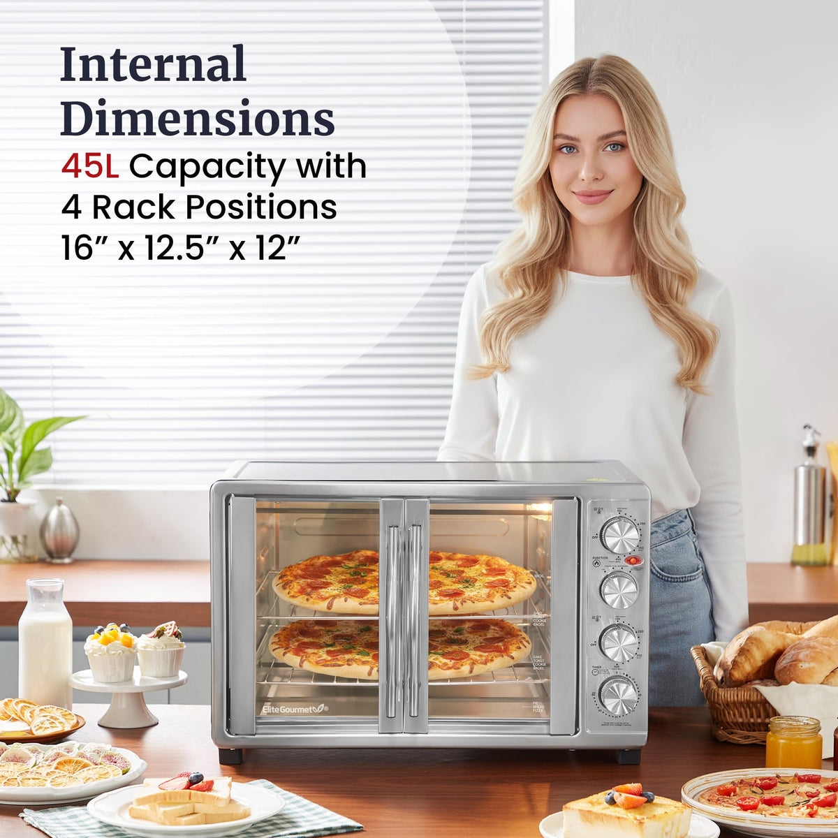 Elite Gourmet ETO4510B dual doors in action save counter space during busy meals.