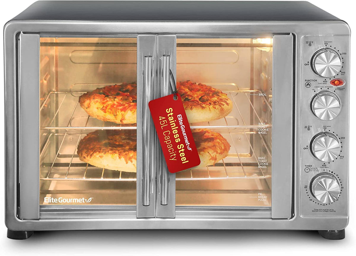 Elite Gourmet ETO4510MX French door front view showing space saving design