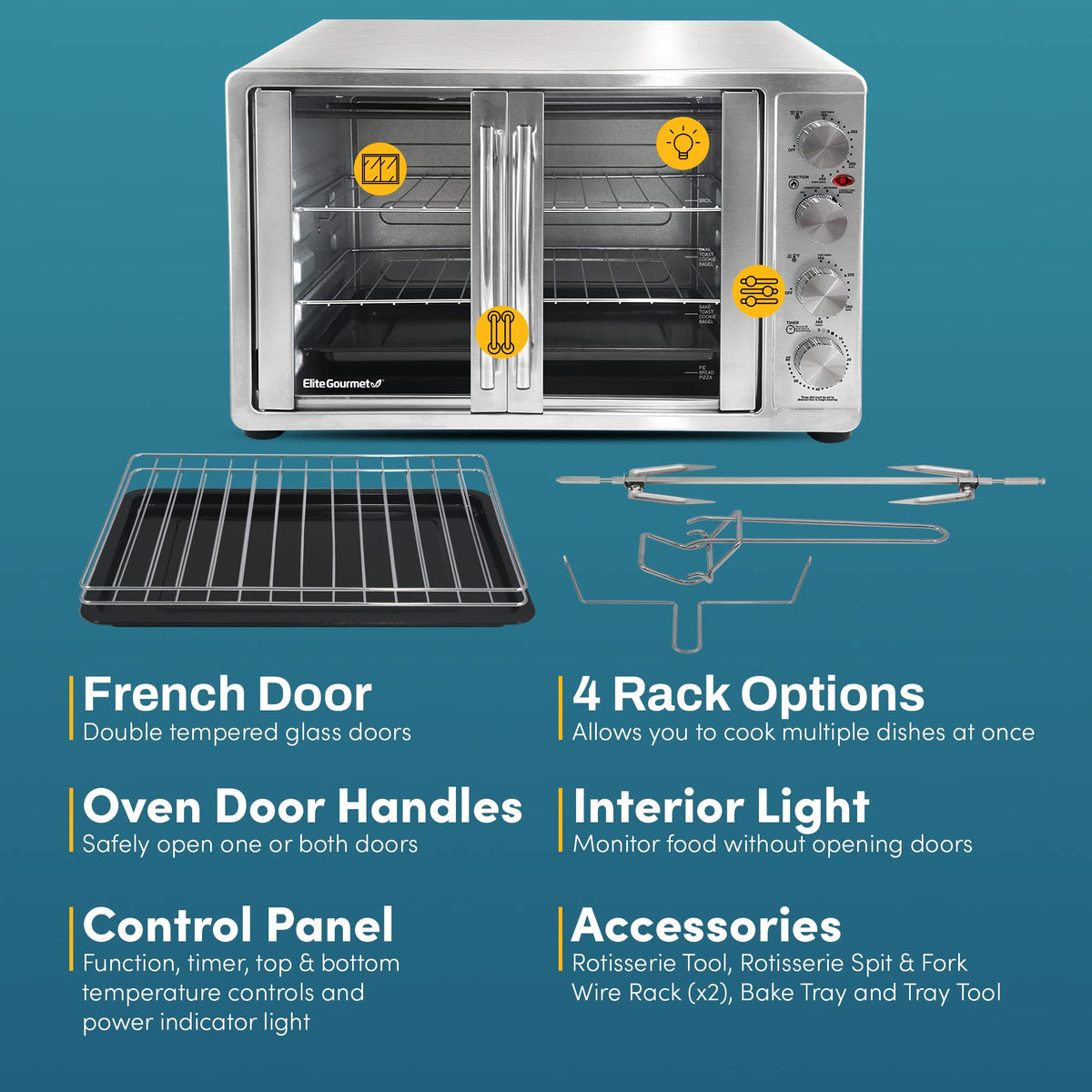 Independent temperature knobs on Elite Gourmet ETO4510MX enable precise control