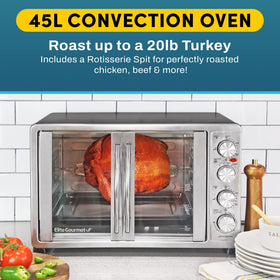 Rotisserie inside Elite Gourmet ETO4510MX demonstrates versatile roasting