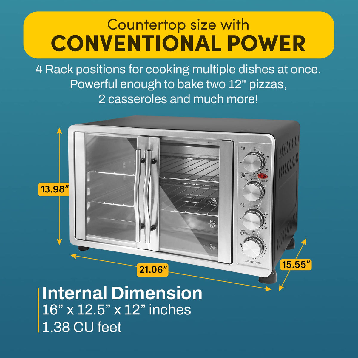 Two 14 inch pizza racks in Elite Gourmet ETO4510MX for multiple dishes