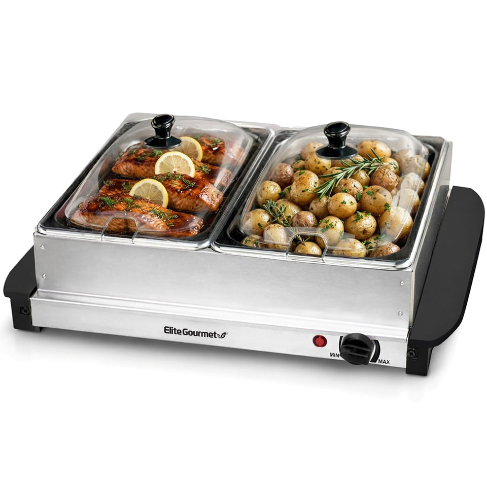 Elite Gourmet EWM-6122 dual trays setup for buffet service.