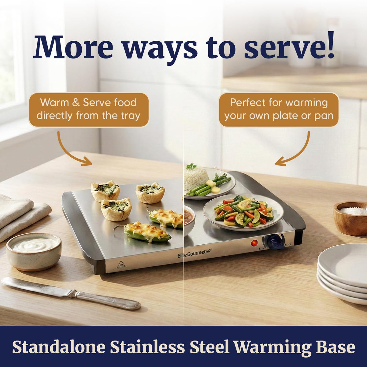 Elite Gourmet EWM-6122 warming base doubles as standalone warmer.