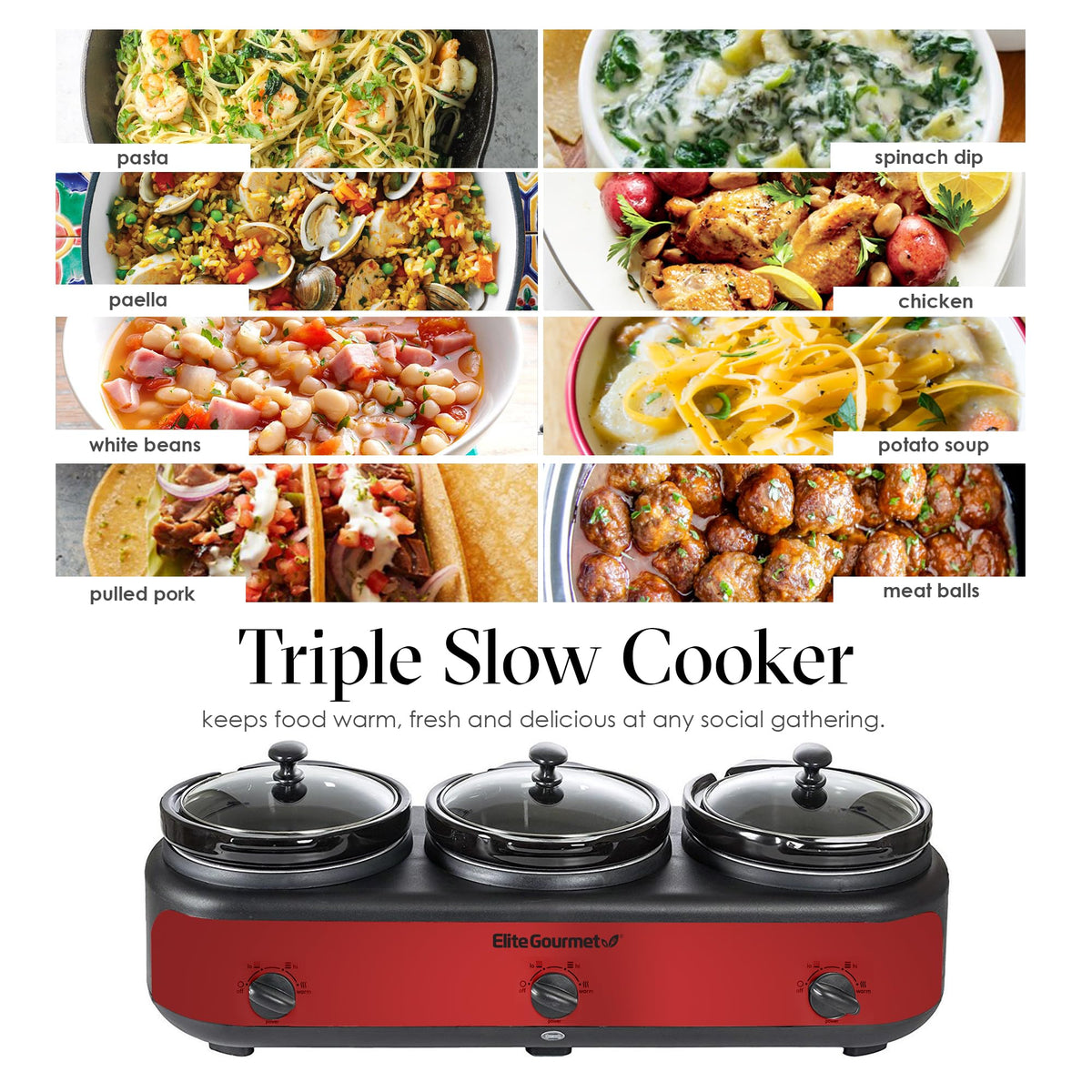 Elite Gourmet EWMST-325R compact family-friendly buffet setup for roasts, soups, and stews.