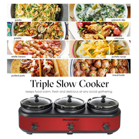 Elite Gourmet EWMST-325R compact family-friendly buffet setup for roasts, soups, and stews.