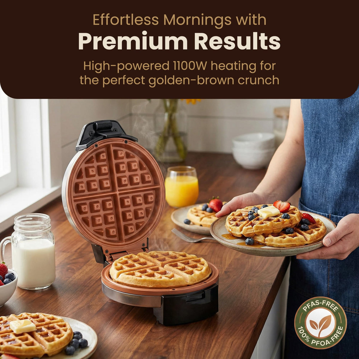 Elite Gourmet CeramiCrisp waffles come out golden and fluffy with flawless browning.