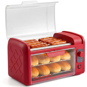 Elite Gourmet hot dog roller in motion for even cooking.