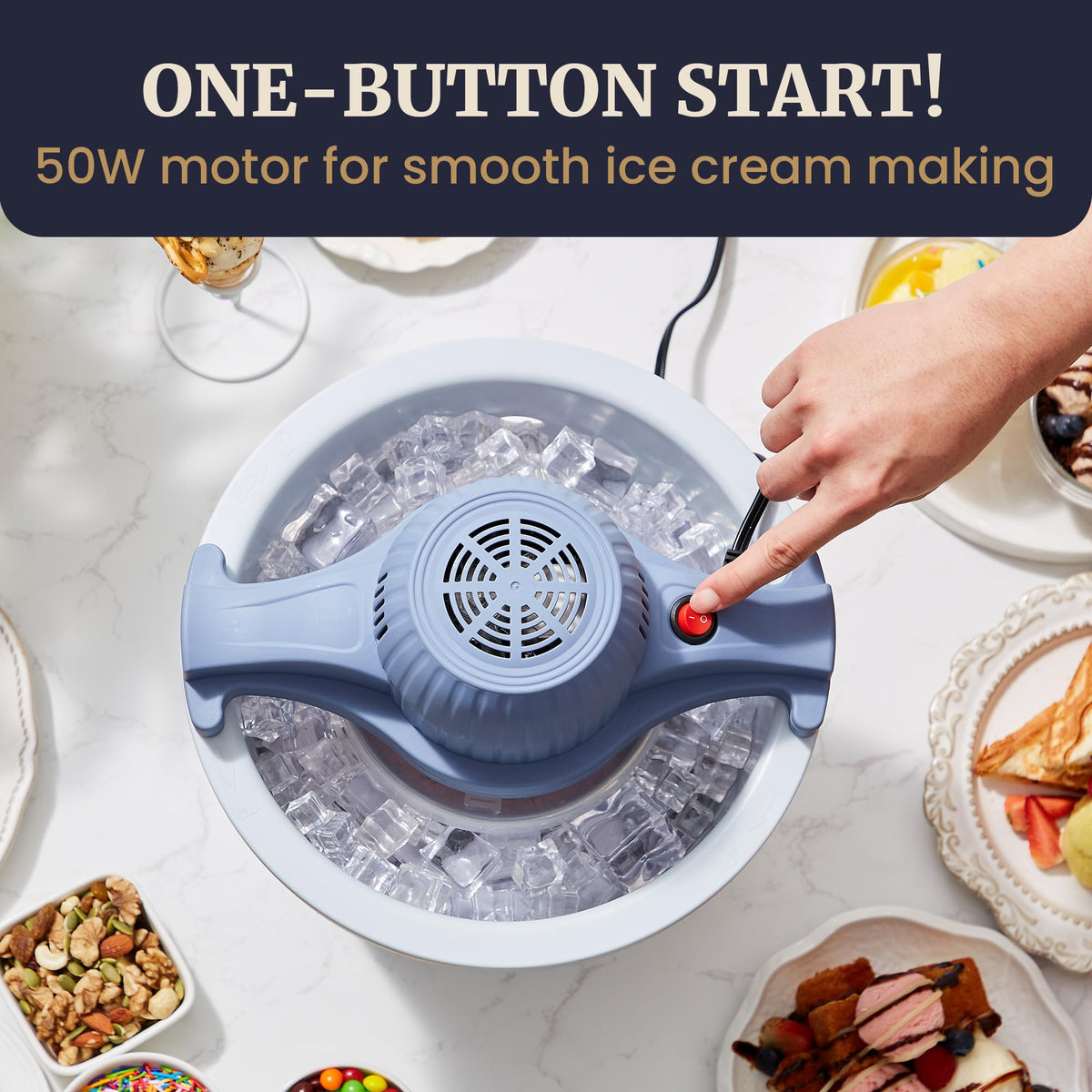 Elite Gourmet ice bucket with ice and salt enabling steady cooling.
