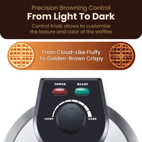 Elite Gourmet CeramiCrisp waffle maker with indicator lights guides cooking steps precisely.