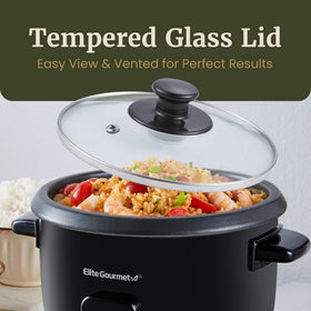 Keep Warm feature of Elite Gourmet rice cooker maintains serving temperature.