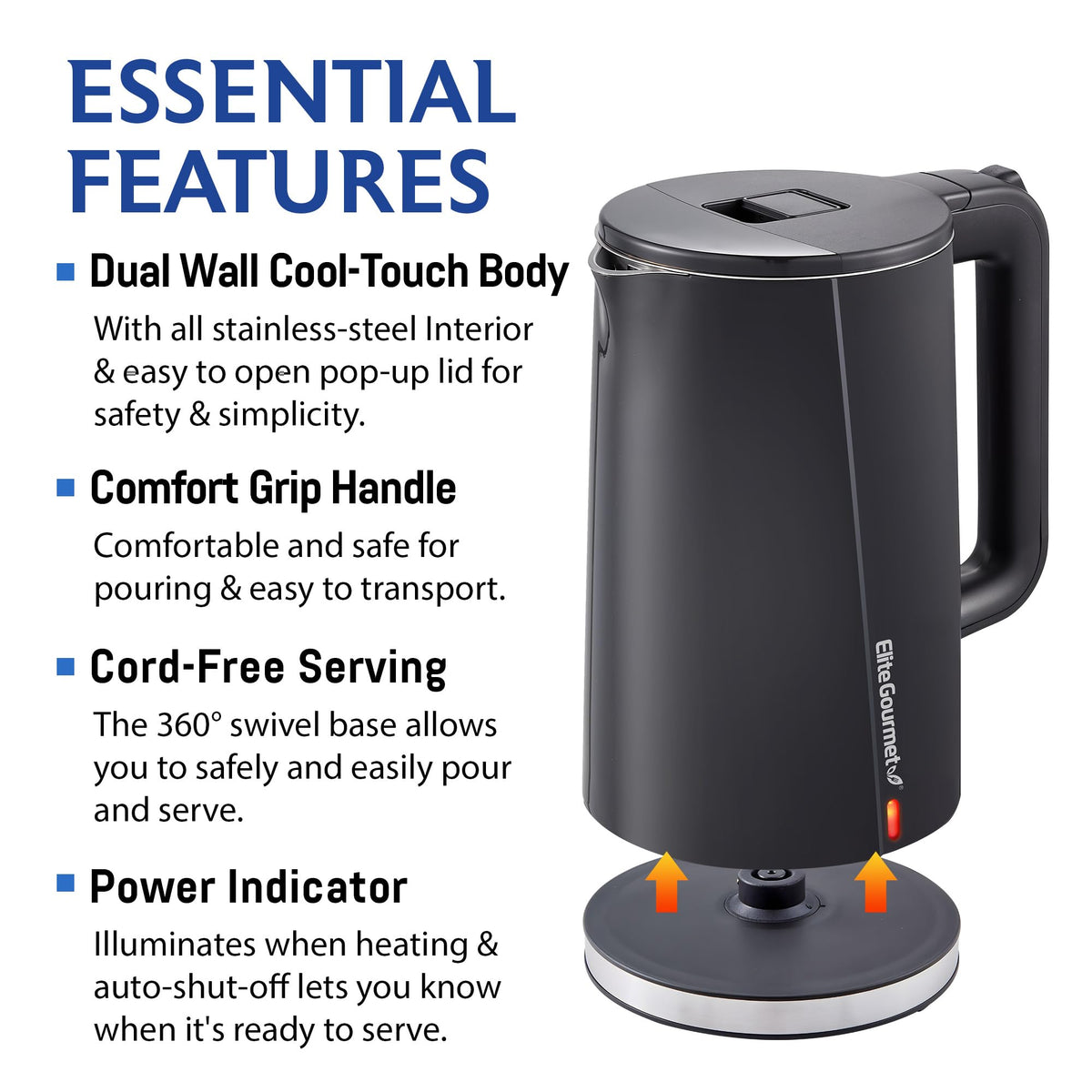 Elite Gourmet kettle base 360 swivel enables cordless serving from any angle.