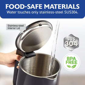 Elite Gourmet kettle concealed heating provides fast boiling with built-in safety features.