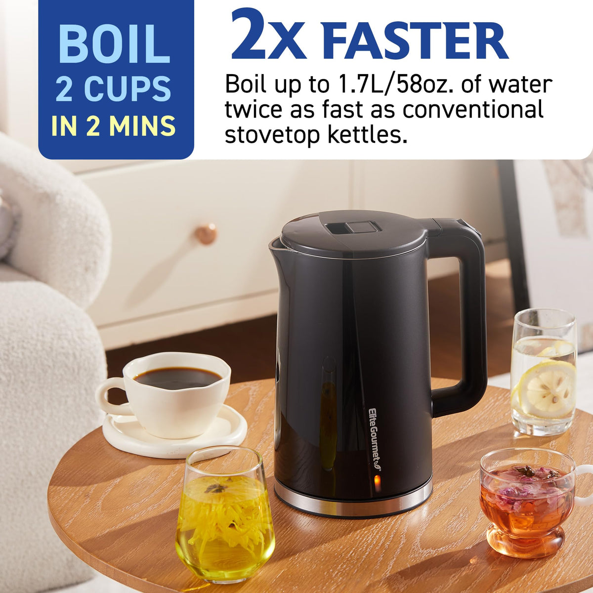 Elite Gourmet kettle free-flow filter ensures clean pours for hot beverages.