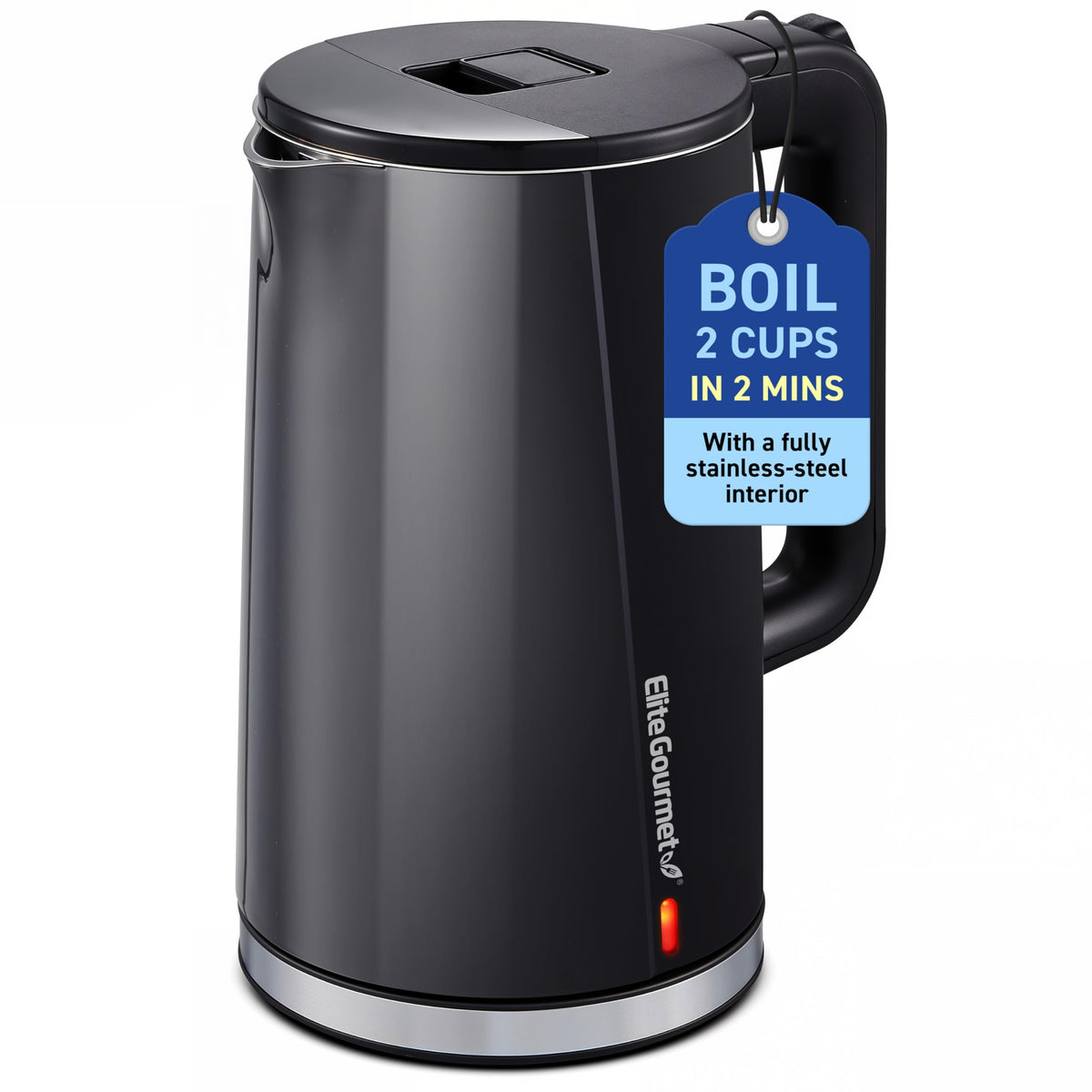 Elite Gourmet kettle lid open shows easy one-touch access for refills and cleaning.