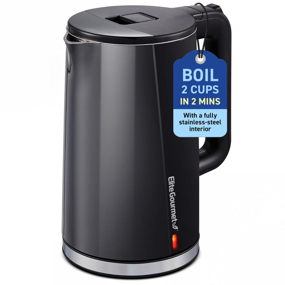 Elite Gourmet kettle lid open shows easy one-touch access for refills and cleaning.