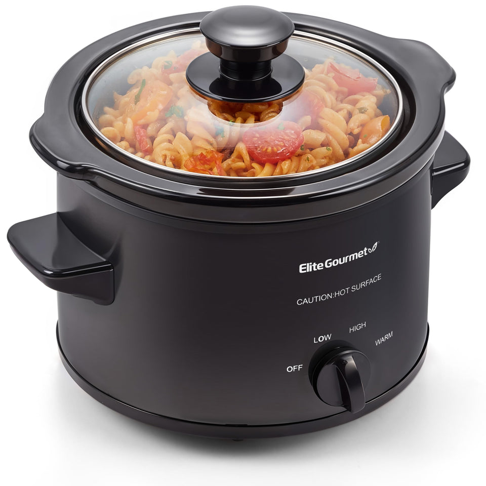 Elite Gourmet MST-250XBX front view showing compact 1.5 qt slow cooker
