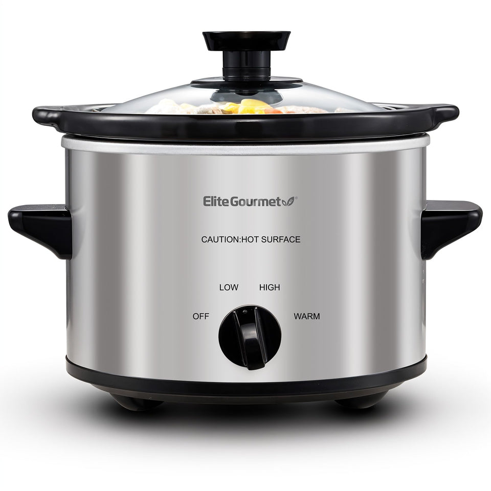 Elite Gourmet MST-250XS slow cooker with stainless steel base, compact kitchen helper.