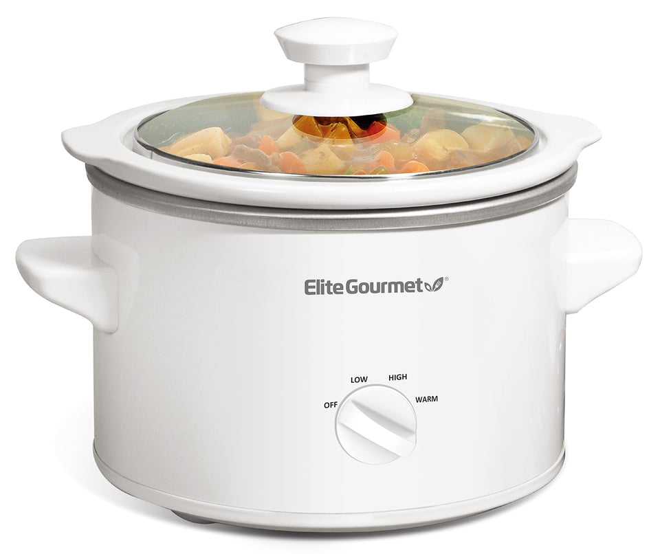 Elite Gourmet MST-250XW slow cooker front view in compact white finish