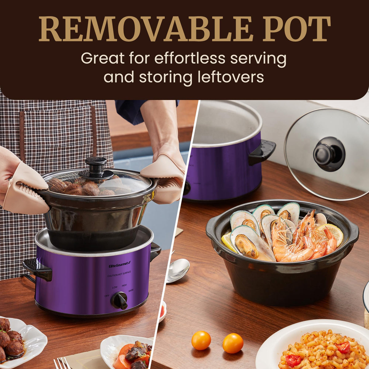 Elite Gourmet MST-275XP cool-touch handles ensure safe lifting and transport.
