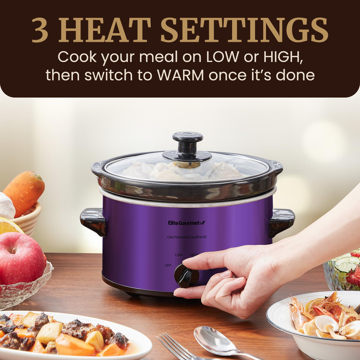 Elite Gourmet MST-275XP oval stoneware pot in removable insert for easy cleaning.
