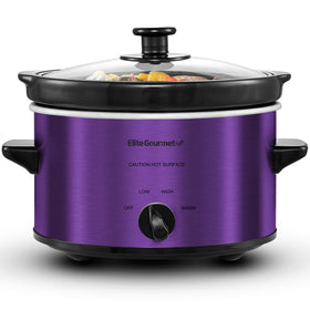 Elite Gourmet MST-275XP 2qt slow cooker viewed from the side, ideal for small meals.