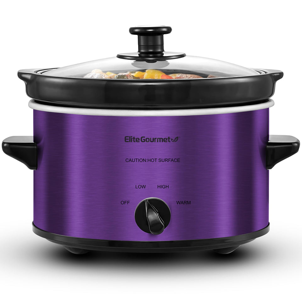 Elite Gourmet MST-275XP 2qt slow cooker viewed from the side, ideal for small meals.