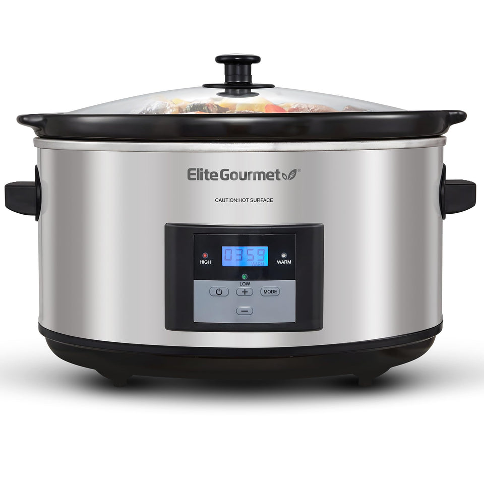 Elite Gourmet MST-900D 8.5qt slow cooker on counter for family meals.