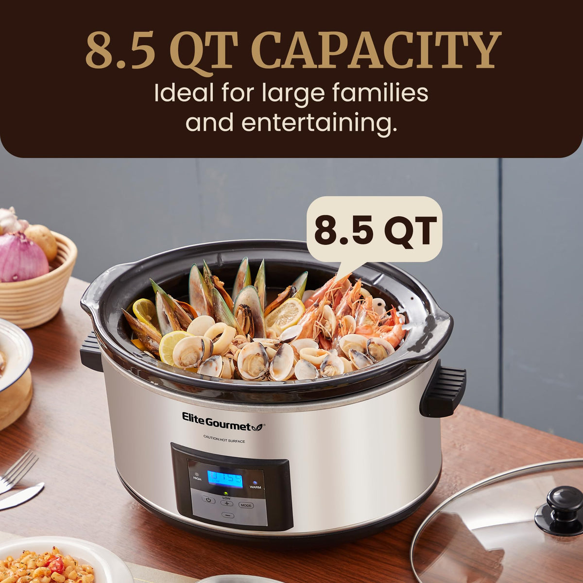 Elite Gourmet MST-900D oval stoneware pot for large roasts and stews.