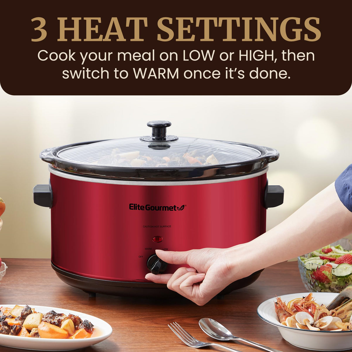 Elite Gourmet MST-900RXT adjustable controls for effortless low high and keep-warm settings.