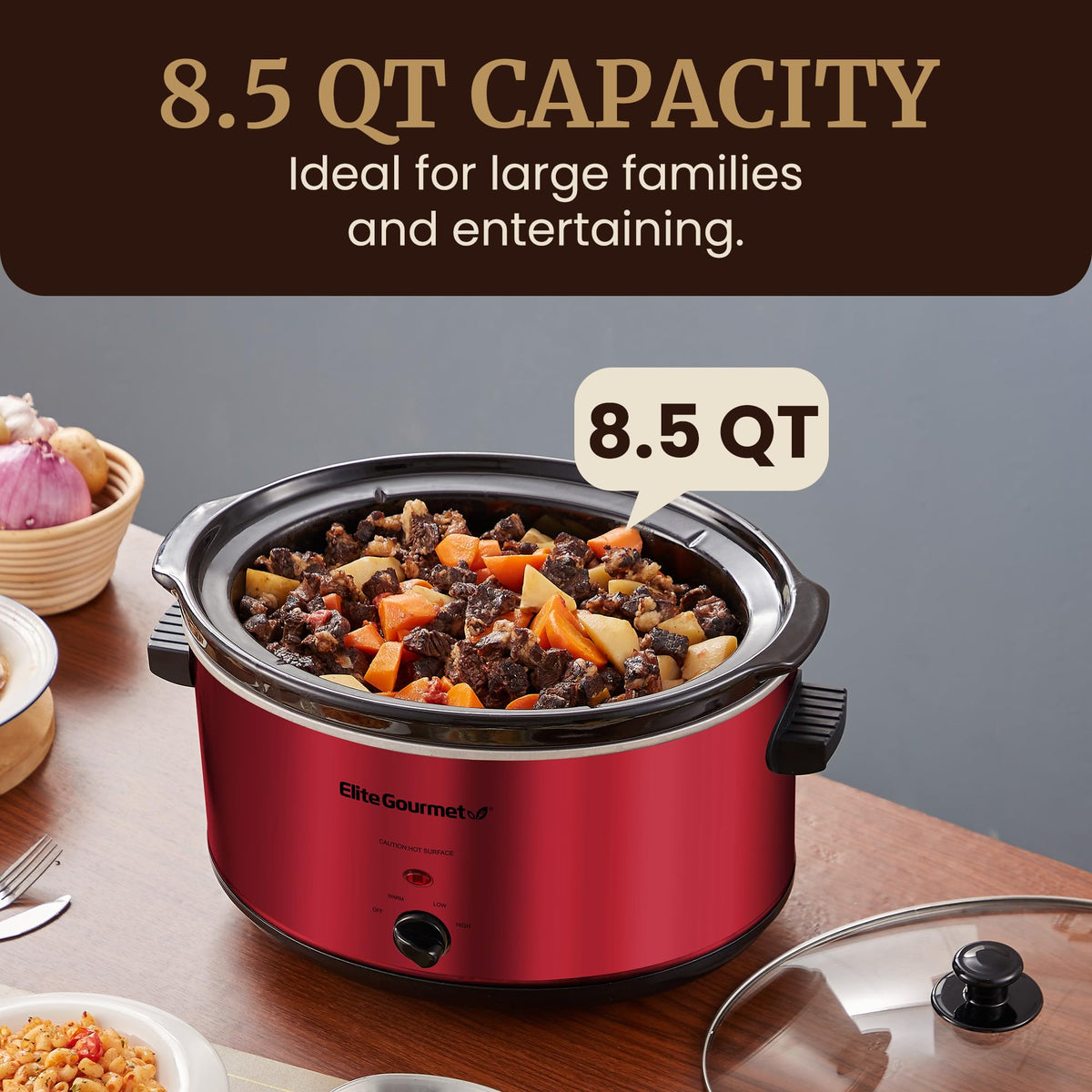 Elite Gourmet MST-900RXT clear tempered-glass lid keeps moisture visible during simmering.
