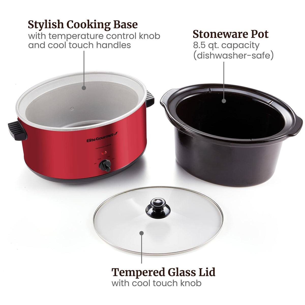 Elite Gourmet MST-900RXT cool-touch handles prevent burns when moving the cooker.