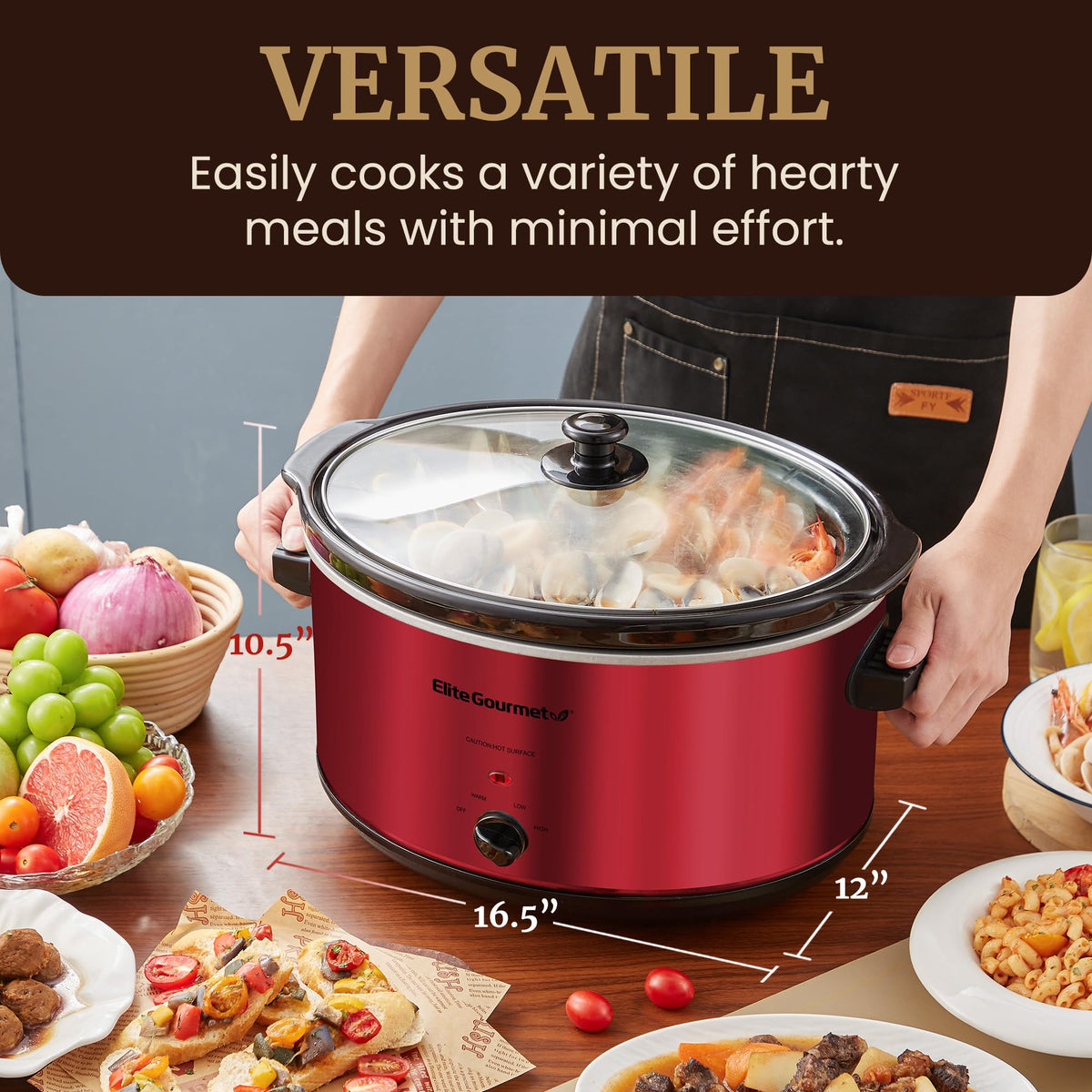Elite Gourmet MST-900RXT dishwasher-safe lid and crock simplify weekly meal prep.