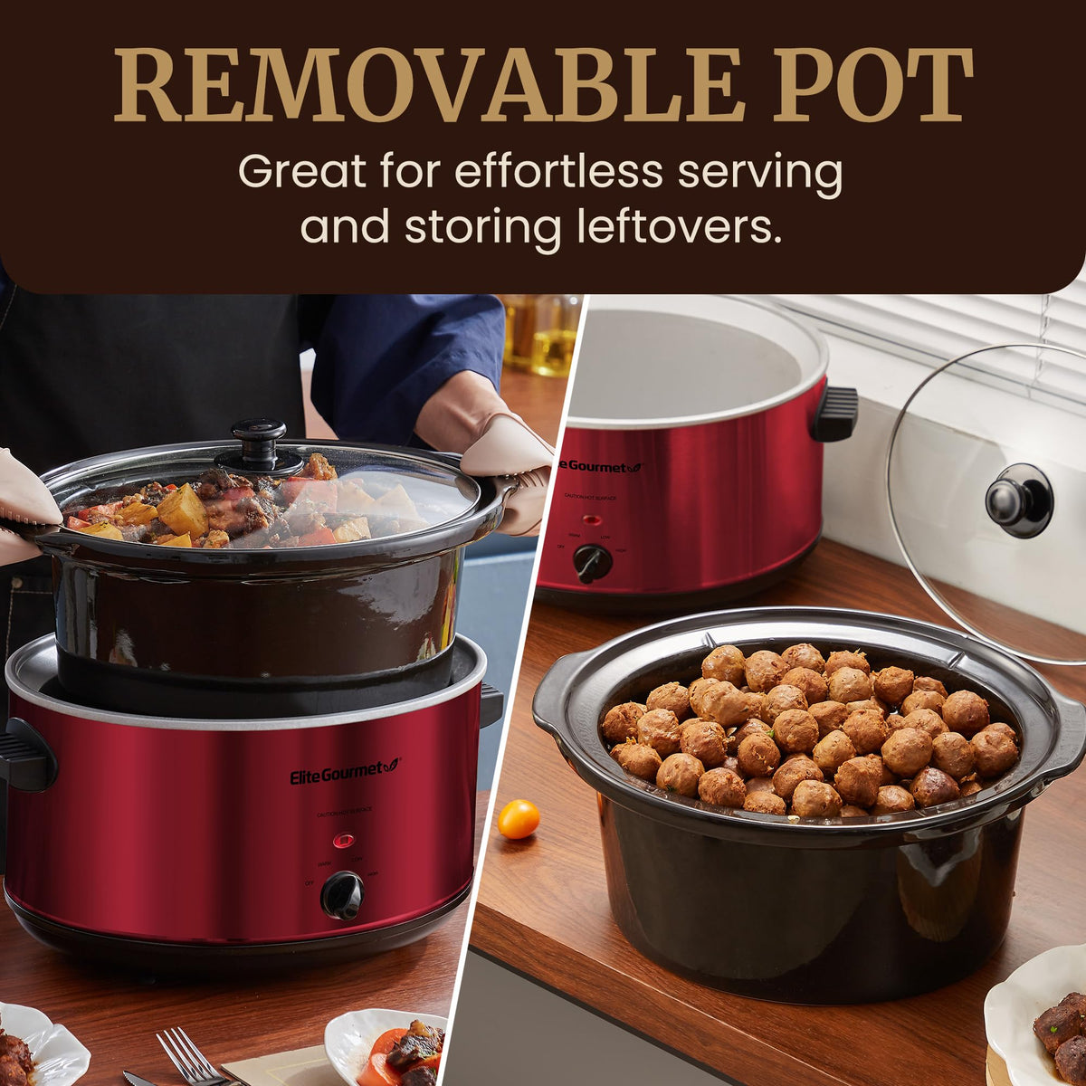 Elite Gourmet MST-900RXT removable stoneware crock for easy serving and simple cleanup.