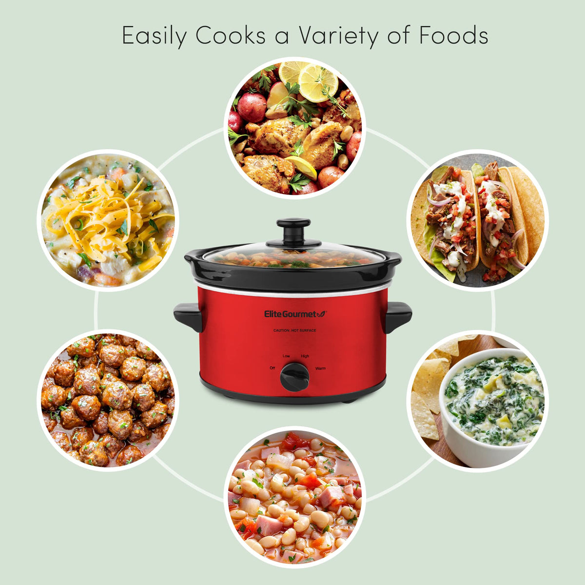 Elite Gourmet MST-275XR clear glass lid shows contents during cooking.