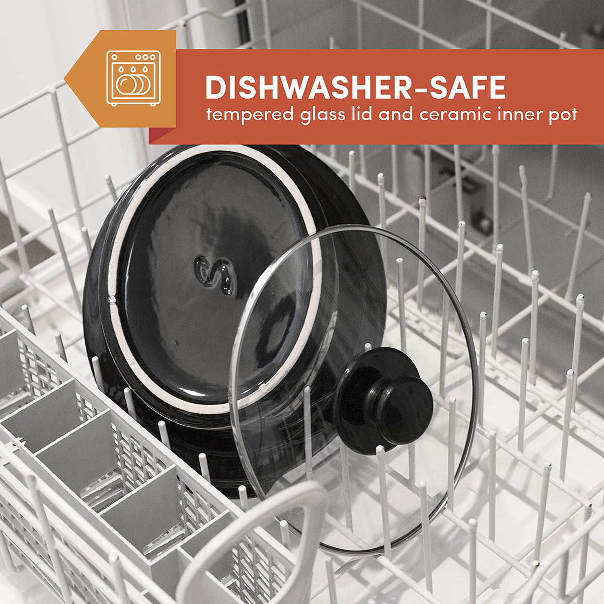 Elite Gourmet MST-275XR dishwasher-safe lid and crock simplify cleanup after meals.