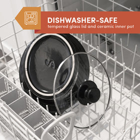 Elite Gourmet MST-275XR dishwasher-safe lid and crock simplify cleanup after meals.