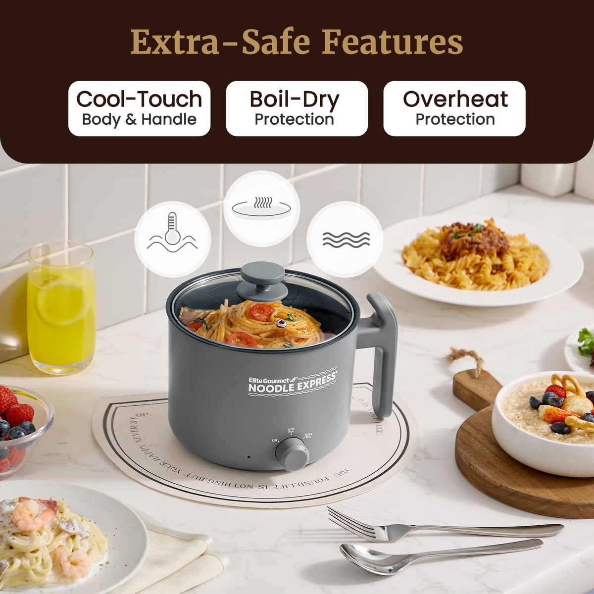 Elite Gourmet Noodle Express dual heat settings for simmering or boiling.