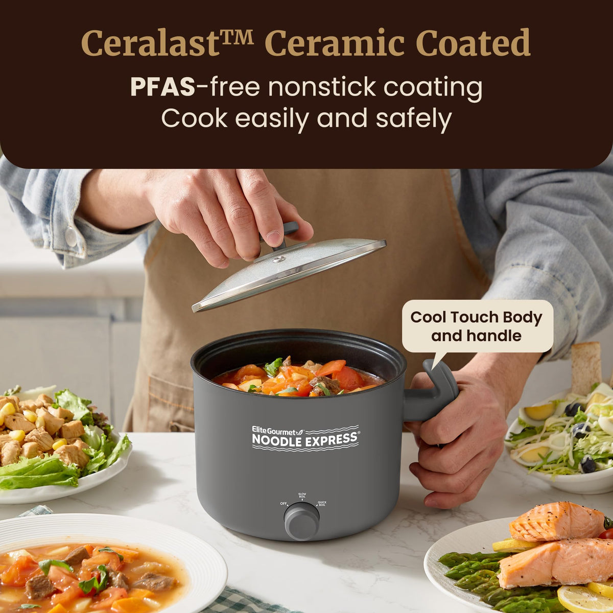Elite Gourmet Noodle Express close-up of CERALAST coating, durable and easy to clean.