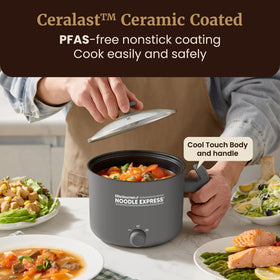 Elite Gourmet Noodle Express close-up of CERALAST coating, durable and easy to clean.