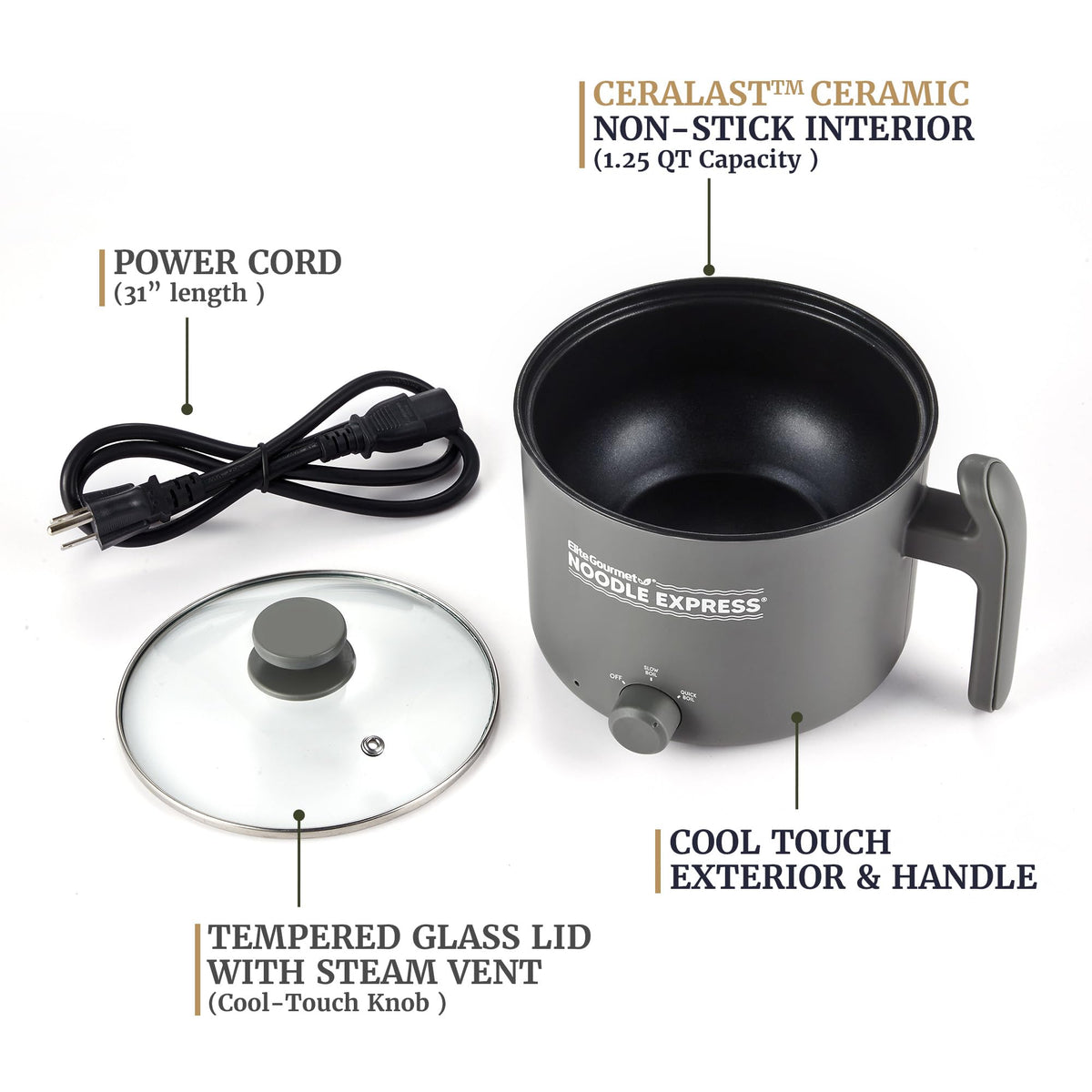 Elite Gourmet Noodle Express cool-touch handle for safe cooking and handling.