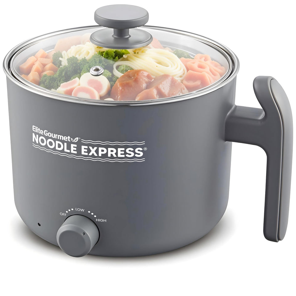Elite Gourmet Noodle Express Hot Pot with glass lid and steam vent for monitoring meals