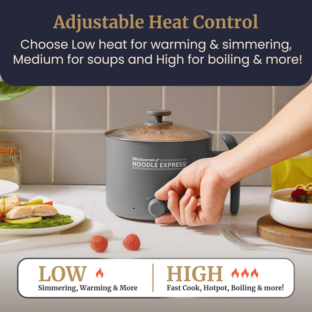 Elite Gourmet Noodle Express Hot Pot interior stainless steel for even heating