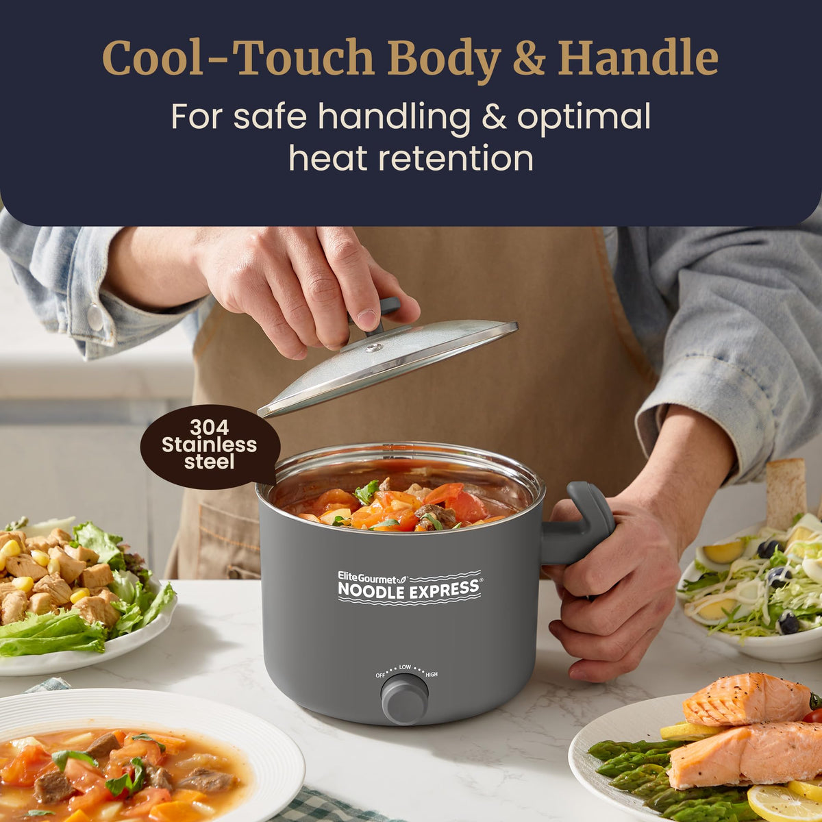 Elite Gourmet Noodle Express Hot Pot thermostat settings showing Low and High