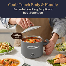 Elite Gourmet Noodle Express Hot Pot thermostat settings showing Low and High